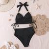 Women's New Solid Color Pit Strip Lace Up Sexy Bikini Two Piece Swimsuit
