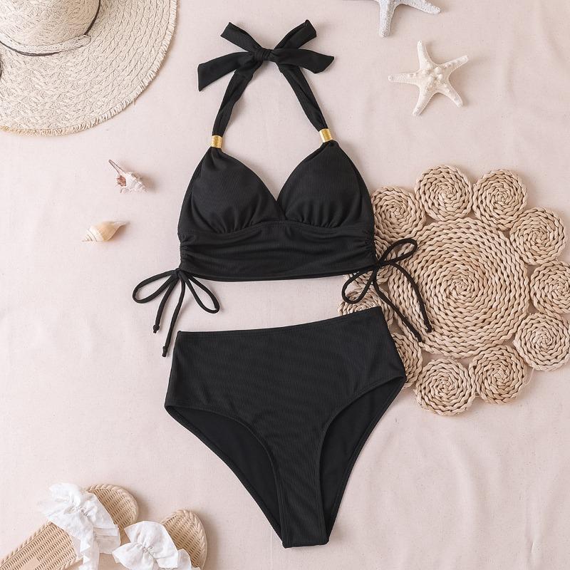 Women's New Solid Color Pit Strip Lace Up Sexy Bikini Two Piece Swimsuit