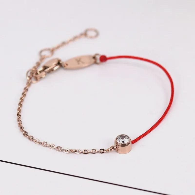 Korean Fashion 18K Rose Gold Zodiac Bracelet with Single Diamond & Red Rope Design for Women