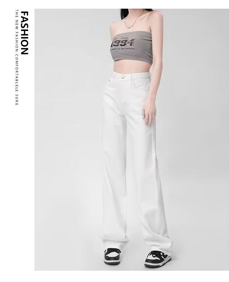 White Women's High-Waisted Wide-Leg Jeans - Slimming Petite Straight Floor-Length Pants for Summer