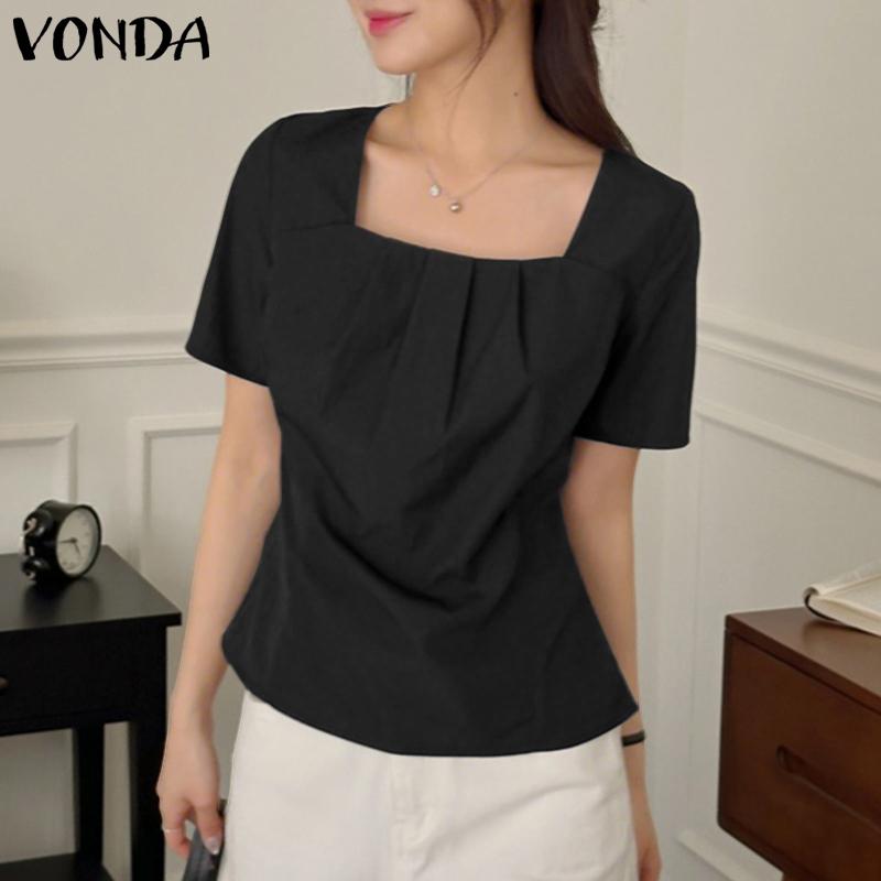VONDA Women Girls Square Collar Short Sleeve Slim Waist Casual Blouse