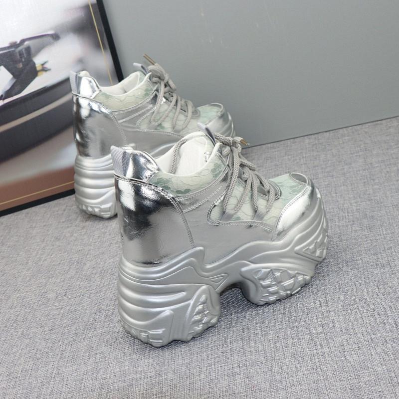 Fashion 12cm Hidden Heel Dad Shoes Women Thick Sole Casual Breathable Mesh Block Heel 10cm White Sneakers