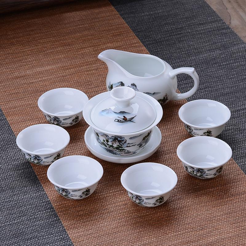 Tea Set Green Ceramic Home Brewing Tea Kung Fu Bowl Set of Simple Office Parlor Tea Cups
