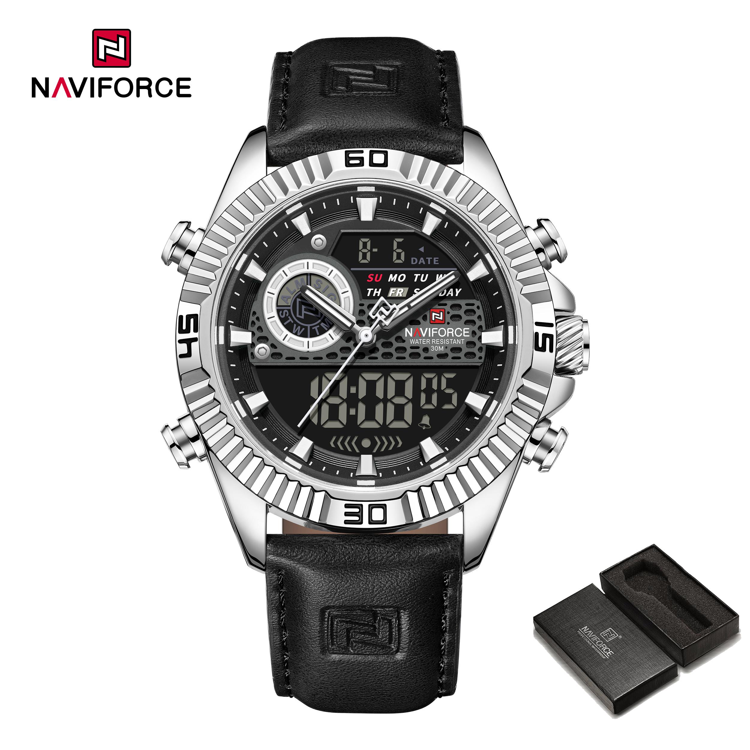 Оригинальные мужские часы NAVIFORCE с двойным временем, кварцевый механизм, ЖК-дисплей, цифровые, кожаный ремешок, календарь, дата, хронограф, водонепроницаемые мужские часы NF9262L
