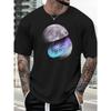 Camiseta de Manga Corta para Hombre con Estampado Geométrico de Luna y Fruta de Kiwi Negra Casual Cuello Redondo para Todas las Estaciones, Lavable a Máquina Ajuste Regular