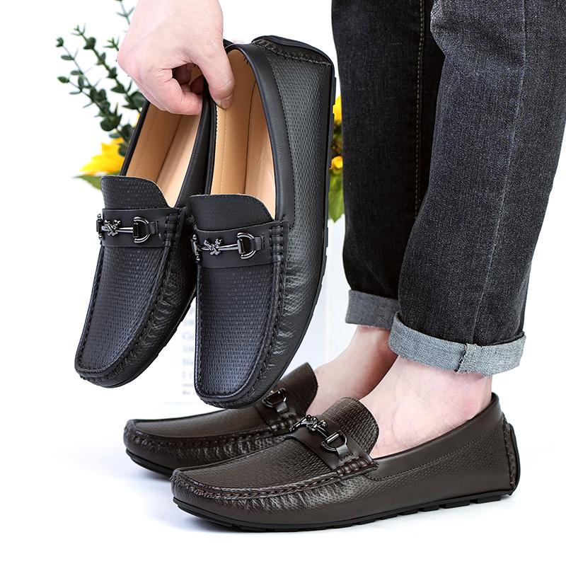 Genuine Leather Shoes for Men Casual Style Loafers Breathable Metal Buckle Moccasins Comfortable Business Slip on Flats