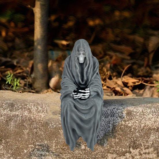 Socha Smrtky Halloween Dlouhá Roucho Sedící Kostlivec Figurka Gotická Stolní Ozdoba pro Domov Zahradu Stolní Počítač Knihovnu Dekorace