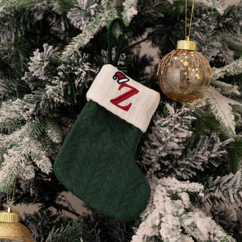 Haobei Green Knitted Christmas Stocking with Embroidered Lettering – Woolen Gift Bag Décor