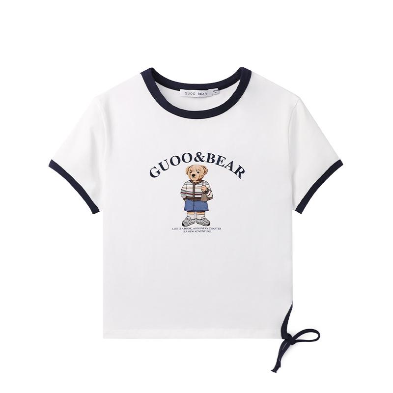 

Gujia Bear 2024 Женская белая хлопковая футболка свободного кроя с круглым вырезом и коротким рукавом M грязно-белый