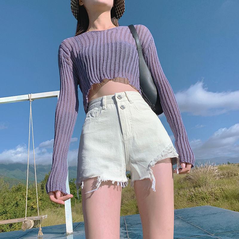 Broken Hole Denim Small Shorts Women'S High Waist Loose Thin Shorts A-Line Wide Leg Pants New Hot Pants