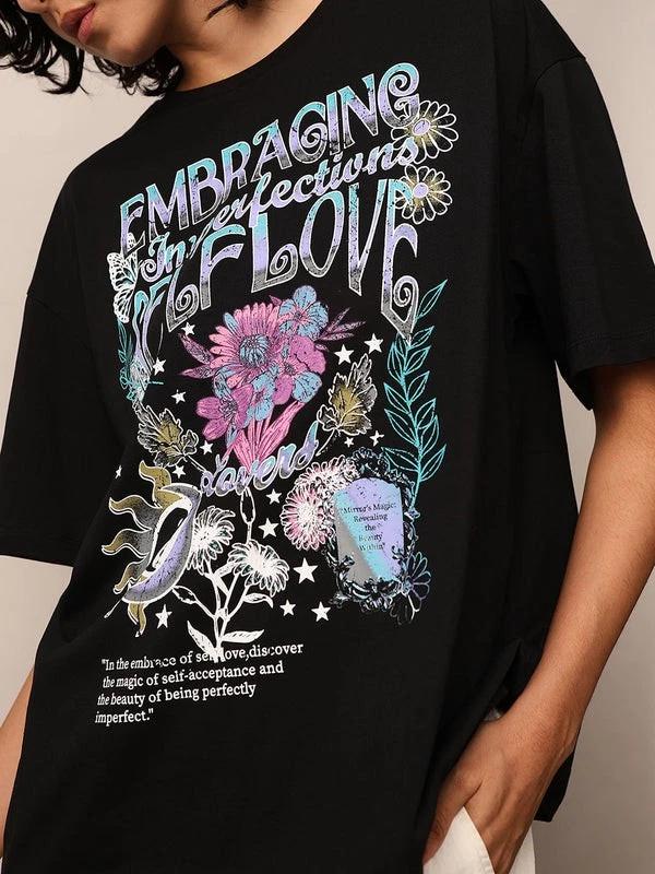 Black Graphic Print Oversized T-Shirt S