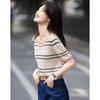 DEMANA London Holiday Women's Striped Lyocell Knit Top with Ruffle Neck