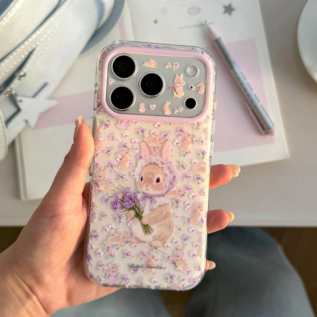 Purple Floral Rabbit Phone Case for Apple 17Promax/16Promax/15 with Drop Protection