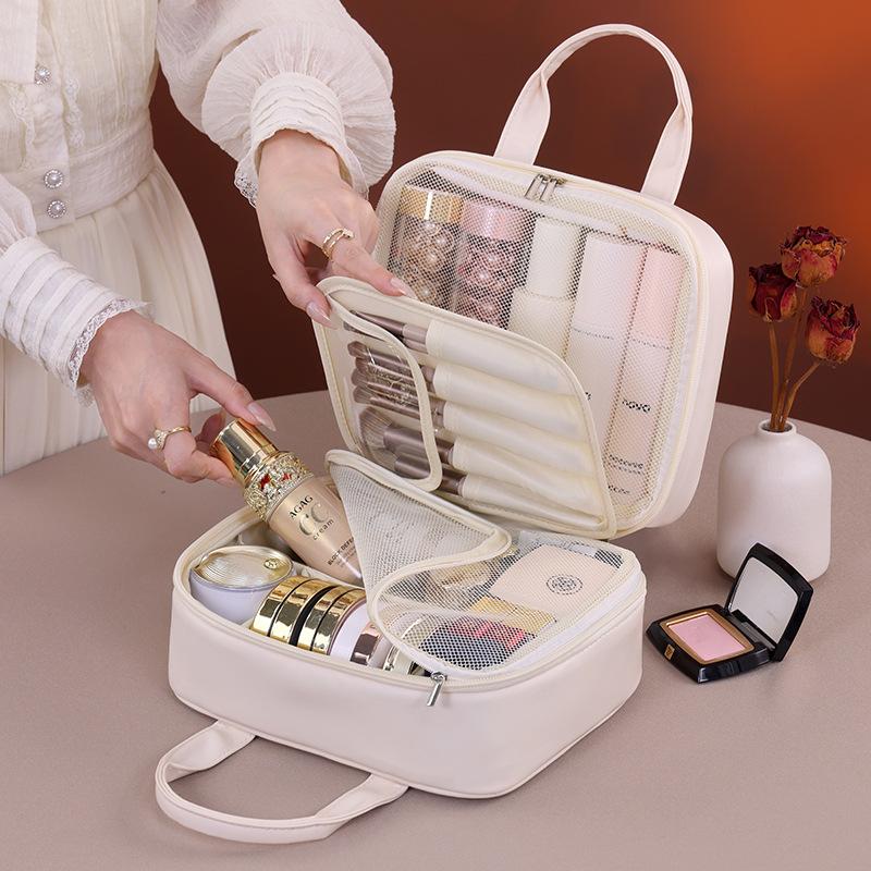 Multifunctional Makeup Bag for Women PU Leather Large Capacity Portable Double Zipper Travel Makeup Brush Toiletries Storage Bag