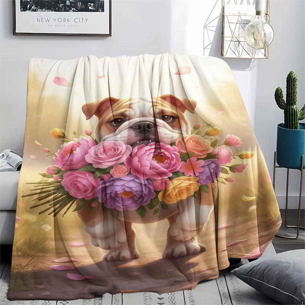 1Pc DogsandFlowers Print Flannel Blanket, High quality Comfortable for All Seasons, Home Decor, Warmth and Comfort, Perfect for Christmas Gifts