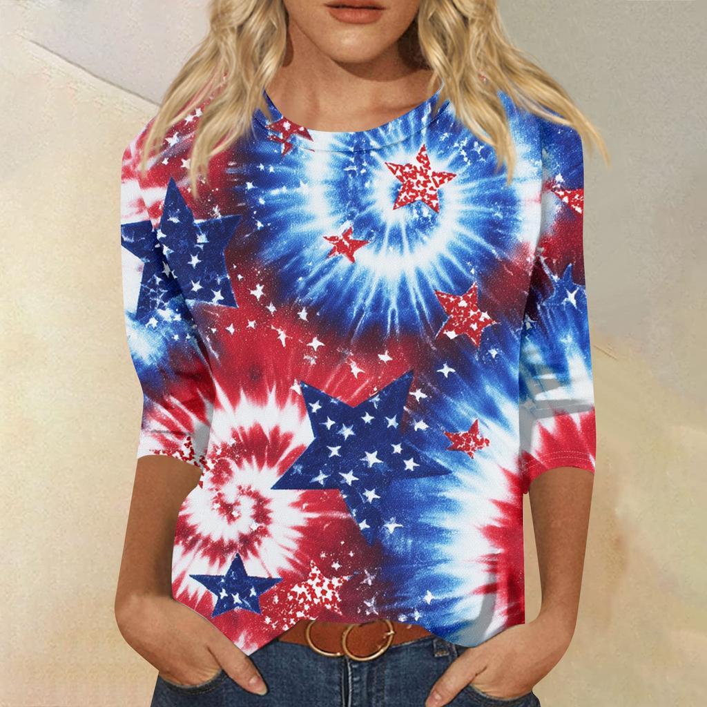 Women's Fashion Casual Seven-Sleeve Independence Day Print Round Neck Top