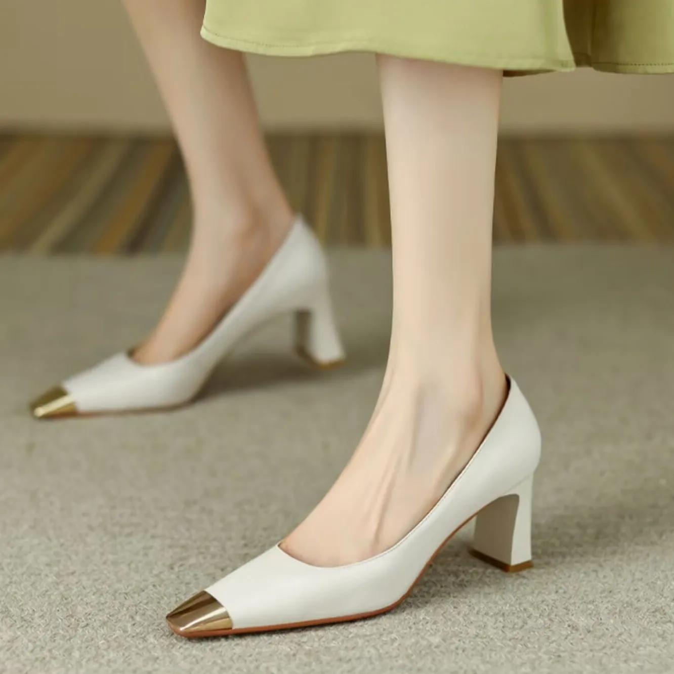 

Chunky Heels on Heeled Apricot Metal Decoration Block Heel Square Toe Office Woman Footwear High Formal Shoes for Women Pumps L 34