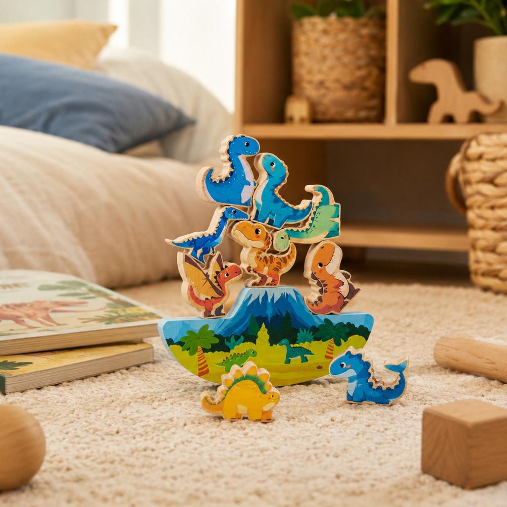 Wooden Dinosaur Balance Stacking Game for Kids Montessori Educational Block Toy with Multiple Dinosaur Shapes and Rocking Base for Early Learning