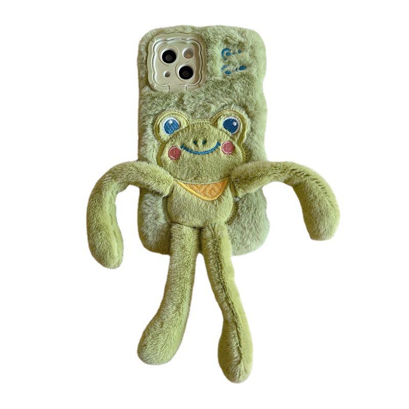 Cute Frog Creative Pull-Out Anti-Fall Cartoon Doll Plush Case for Apple 12/ 13/ 14 Pro Max.