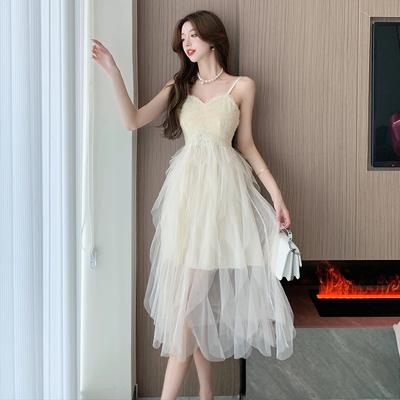 Summer Sexy Spaghetti Strap Mesh Patchwork Midi Dress for Women Fashion Sleeveles Ruffles Backless Club Slim Party Dresses