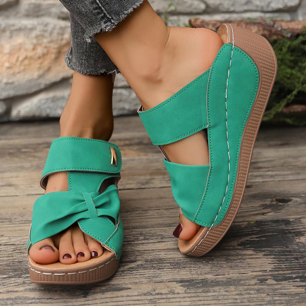 2025 outer wear platform slippers women's round head breathable cross belt Velcro sewing line wedge slippers