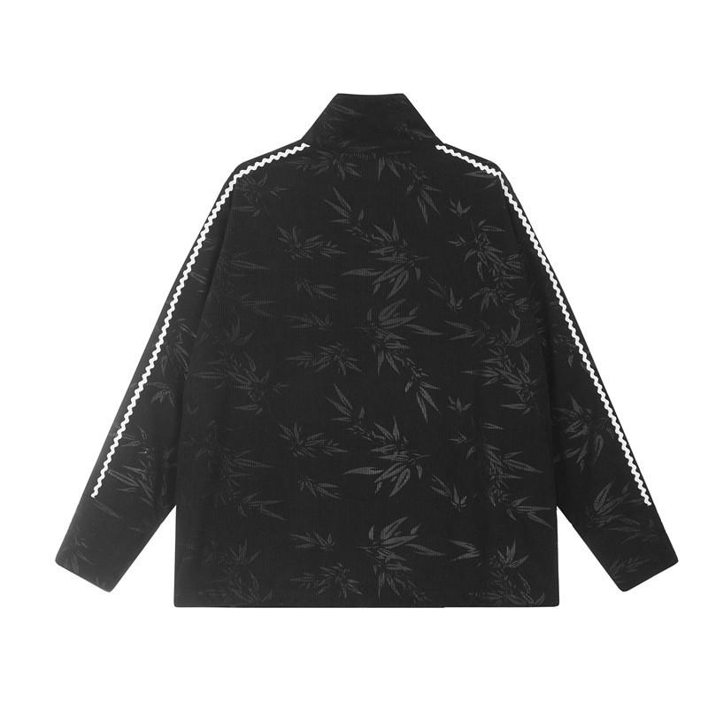 Unisex Oversized Cotton Blend Printed Jacket With Bamboo Leaf Stand Collar Zip Front Loose Fit Fall