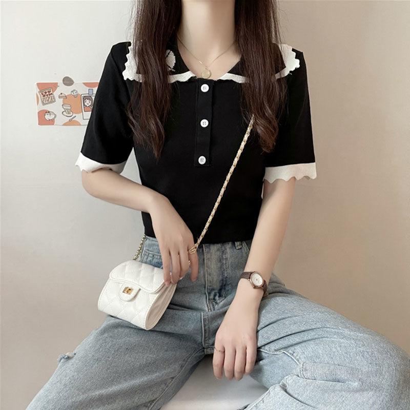 Chic Tops for Women's Summer T-shirt Thin New Trendy Contrasting Color Short Sleeve French Sweet Cool Short Knitted Shirt