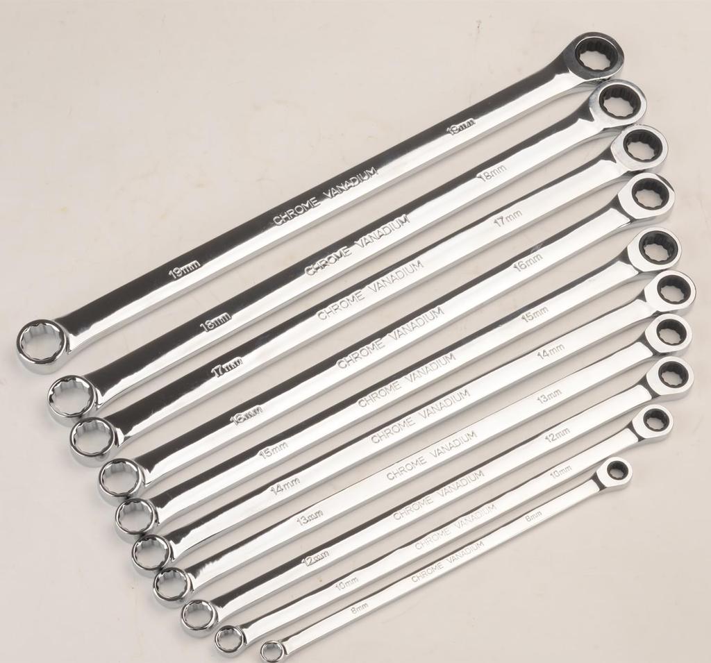 FLZOSPER Box Wrench Set, Ratchet Wrench, Extra Long Straight, 90 Gears, Mirror Finish, 8-19mm, 14-Piece Set, with Storage Case