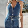 Damen Ärmelloser Denim Jumpsuit mit Neckholder Sommer Neues Outfit Slim Fit Denim Hose Neuer Modestil Dame Trägerlos Ärmellos Blaue Jumpsuits
