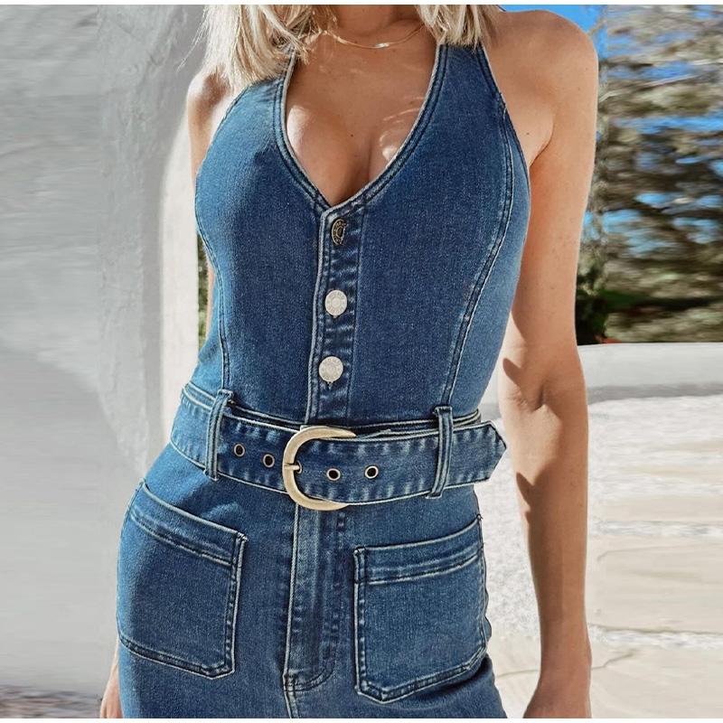 Women's Sleeveless Hanging Neck Denim Jumpsuit Summer New Outfit Slim Fit Denim Pants New Fashion Style Lady Strapless Sleeveless Blue Jumpsuits