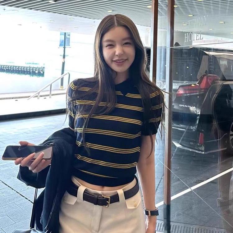 Top de Punto para Mujer con Cuello Polo de Bloques de Color Retro - Manga Corta Estilo Universitario