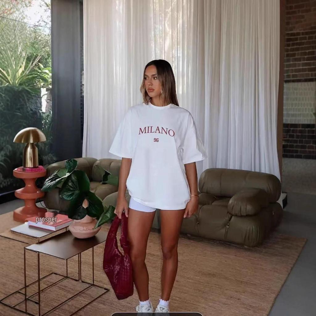 Camiseta de Algodón Holgada de Verano para Mujer - Estilo Europeo y Americano, Longitud Media, Manga Corta, Diseño Estampado Versátil