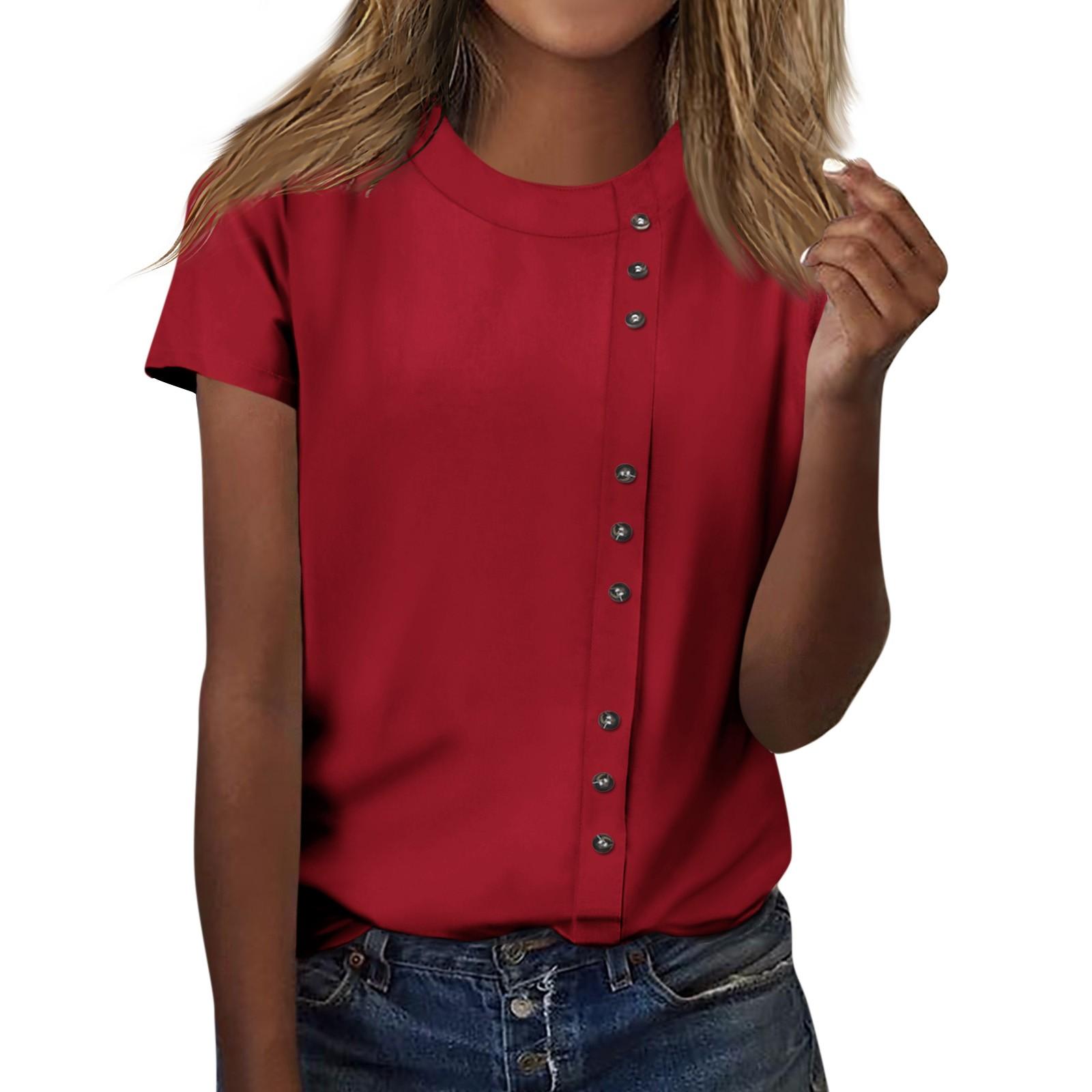 Женская модная повседневная футболка с круглым вырезом и декоративными пуговицами — фото 9