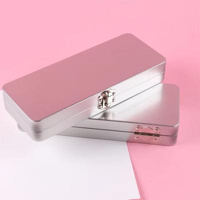 Nueva Caja de Almacenamiento Metálica Rectangular Plateada Tapa abatible Caja vacía con bisagras y cerradura Estuche de Hierro para Pinceles de Maquillaje Caja Sólida para Acuarelas