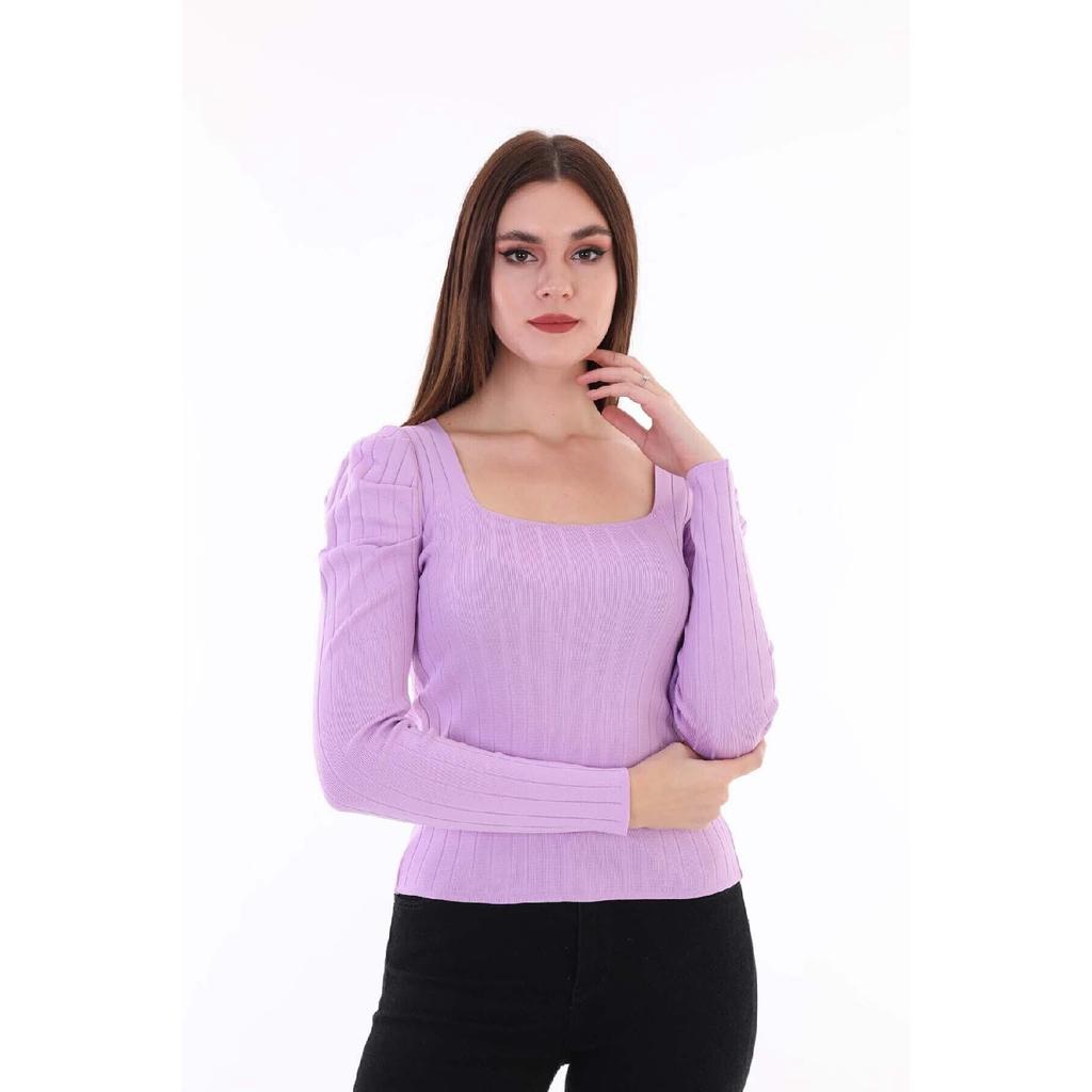 Women's Red Sleeve Pleated Gathered Princess Sleeve Square Collar Blouse Sweater