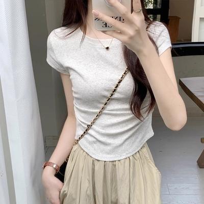 Sommar Smal Passform Bomull Kortärmad T-shirt Dam Enfärgad Rund Hals Elegant Vardaglig T-shirts Dam Toppar Enkel Lös Kontorsdam T-shirts 24215
