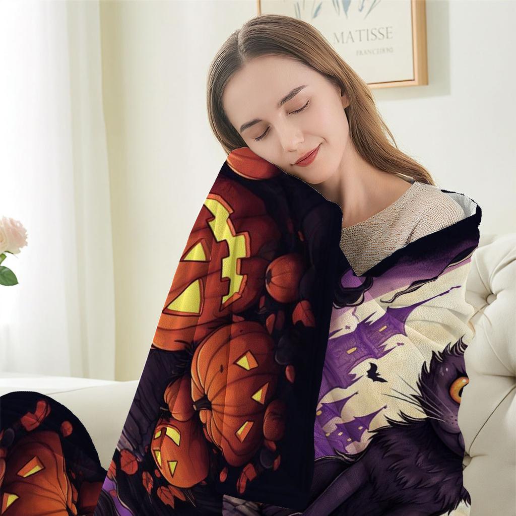 Halloween Cat Pumpkin Monster Printed Blanket for Sofa Bed Travel Camping Living Room Office Conditioning Blanket