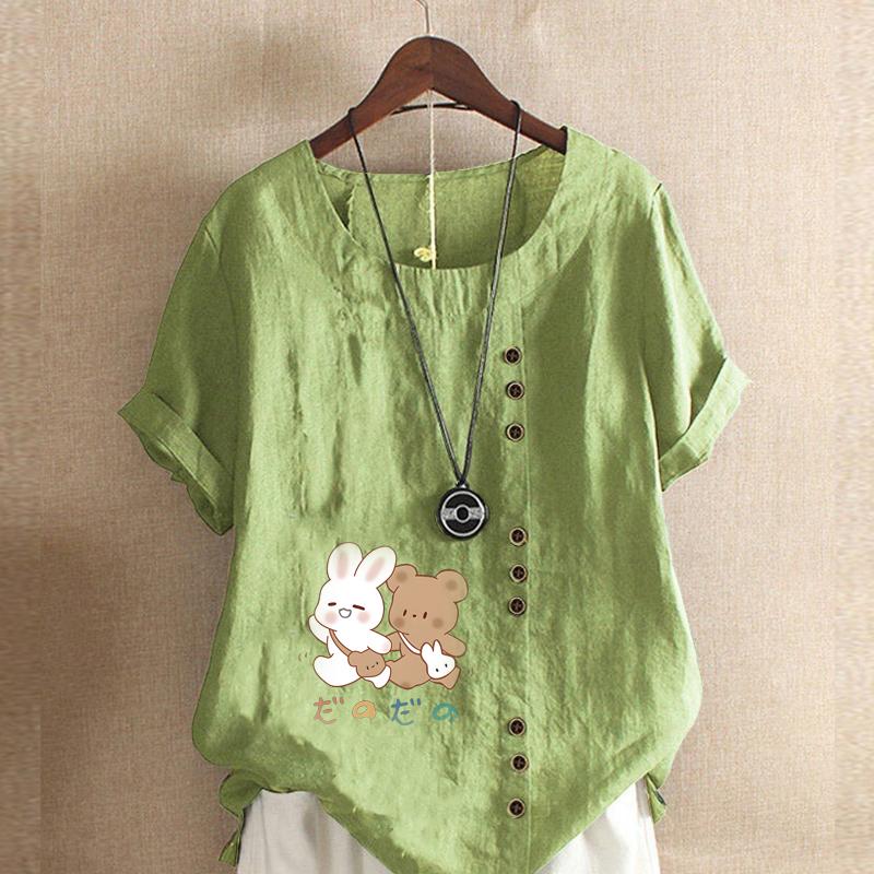 

Женская новая модная льняная рубашка с круглым вырезом и коротким рукавом, с принтом кролика и медведя, летняя женская повседневная блузка больших размеров, топы 5XL зелёный