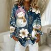 Women's Christmas Printed Button Up Long Sleeved Casual Regular Shirt With Collar Top