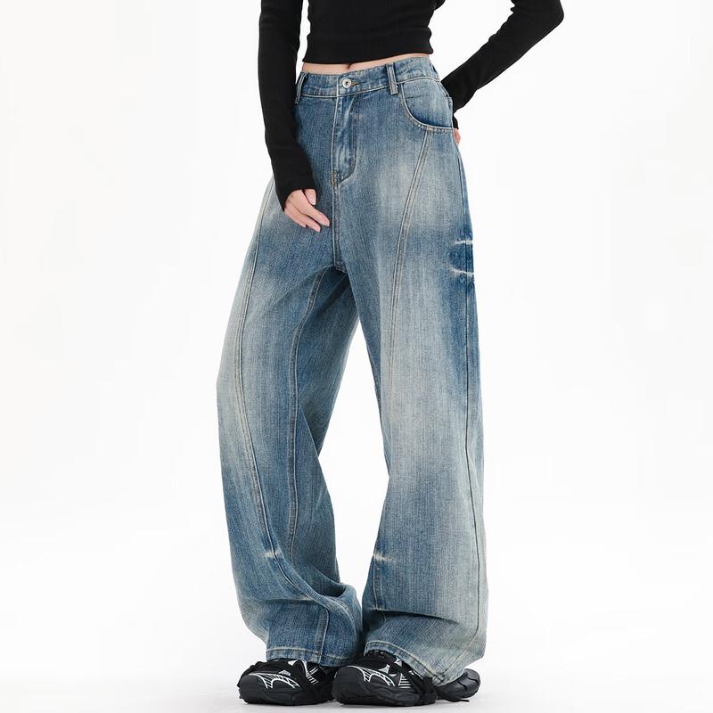 Unisexové retro prané džíny s vysokým pasem, volné a široké nohavice