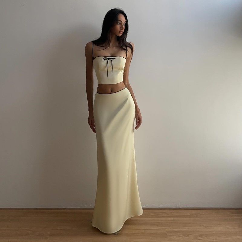 

Французский Стиль Сексуальный Контрастный Цвет Банты Короткий Топ-Майка Чистое Желание Сексуальный Стройный С Завышенной Талией Платье-Футляр Костюм Yellow(Suit) L