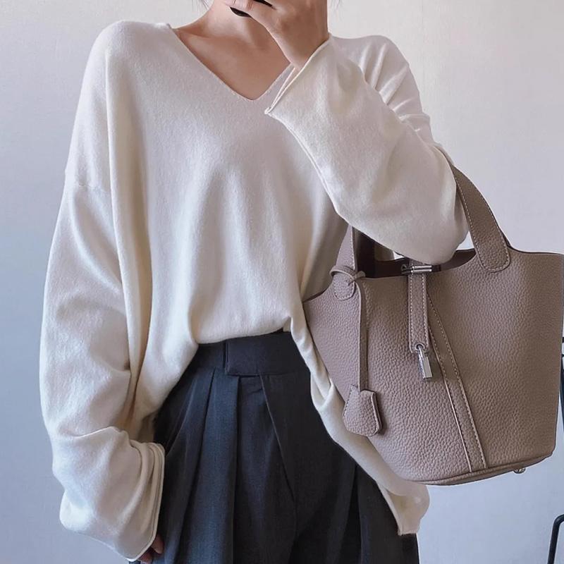 Top for Women Autumn Winter Large Size Loose Long Sleeve Knit V-neck Pullover Sweaters Top