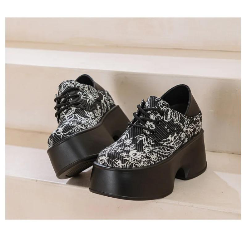 Fujin 11cm Denim Print Cloth Platform Wedge Shoes Chunky Sneaker Comfy High Brand Spring Autumn Casual Synthetic Leather Shoes