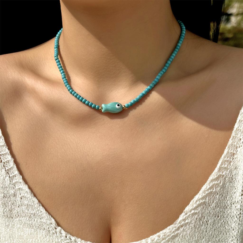 Gmai Ceramic Fish Pendant Necklace for Women Multicolor Rice Beads with Turquoise Accents Delicate Fish Jewelry for Everyday Vacation