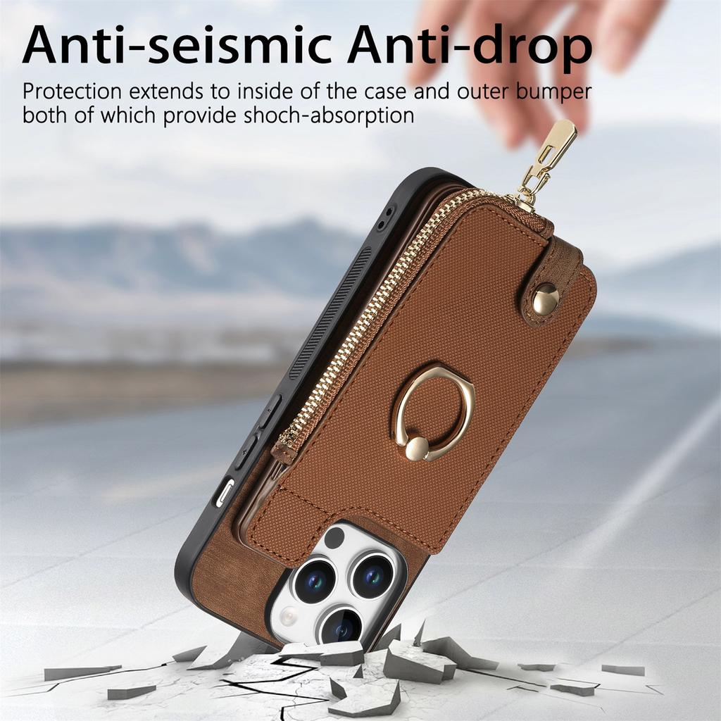 For iPhone 16 Pro Case Zipper Pocket Kickstand Leather Phone Back Cover