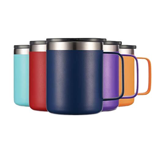 Custom Print Logo Vacuum Insulated 12oz Coffee Mug Cups with Handle Colorful Double Wall 14oz Sliding Lid Tumbler
