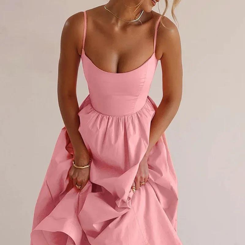Women Elegant Solid Party Strap Midi Dress Fashion Pink U-neck Sleeveless High Street Dresses Summer Y2k Pleat Backless A-line Robes