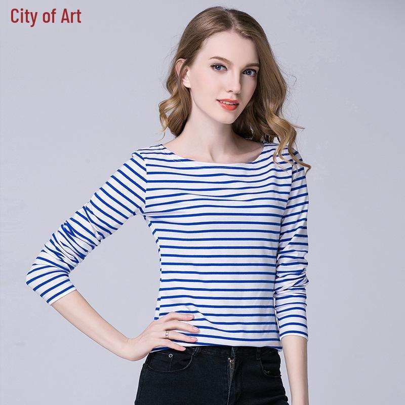 

2022 Women s Slimming One-Shoulder Black & White Striped Long Sleeve T-Shirt Small синий