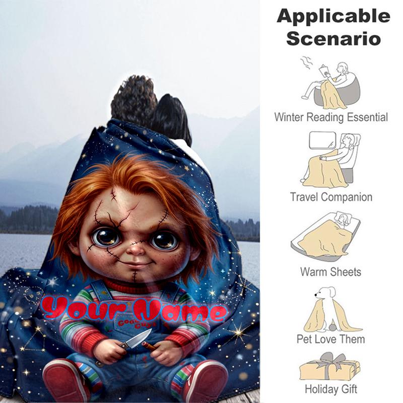 1PC Custom Name Cosmic Horror Doll flannel blanket versatile,all-season throw suitable for the living room,bedroom,camping,travel,and gift