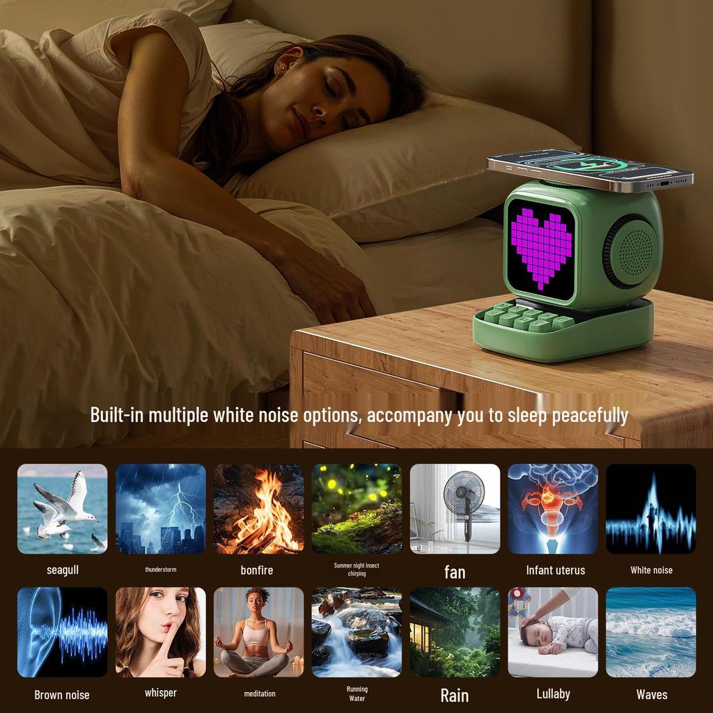 Little Magic Cube Smart Bluetooth Speaker with Magnetic Wireless Charger, Alarm Clock, White Noise, and Retro Design